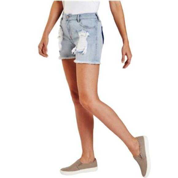 NWT DEAR JOHN Ava High Rise Raw Hem Missing Pocket Destructed Denim Shorts - Picture 5 of 9